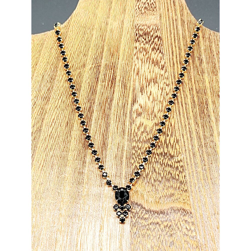 Vintage Gold Tone Black Rhinestone Necklace, Older Style Secure Clasp, 16" Aprx